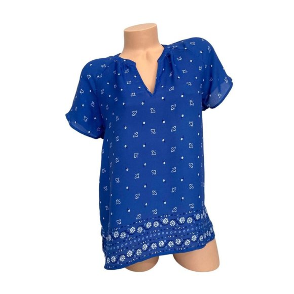 Old‎ Navy Women's Size SMALL Sheer Floral Blue Blouse Short Sleeve Shirt Top EUC